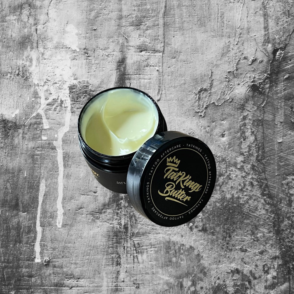 TATKINGS Aftercare Butter is a Non Greasy, Paraben Free, Nourishing. Helps prepare the skin to make it more soft and provides a superior canvas for your artist. Assist with skin recovery, relieves itching, reduces inflammation and protects the brightness of your tattoo ink.